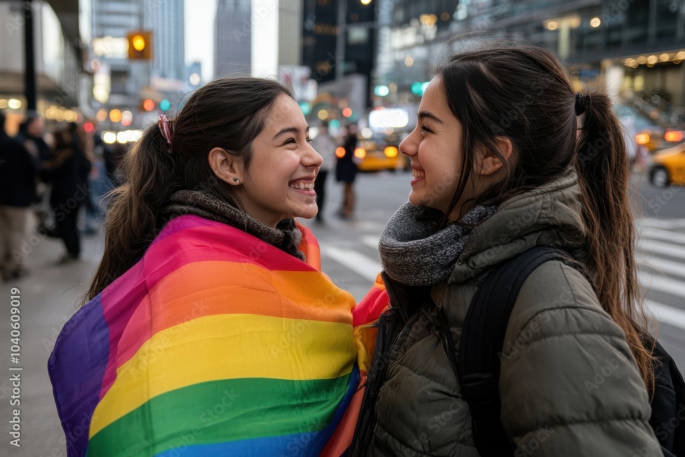 Two friends, wrapped in a rainbow flag, enjoy a cheerful moment on a bustling city street, amidst the lively backdrop of lights, expressing solidarity. Two friends, wrapped in a rainbow flag, enjoy a cheerful moment on a bustling city street, amidst the lively backdrop of lights, expressing solidarity.