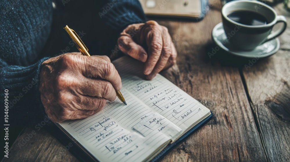 Naklejka premium Elderly Person Writing in a Notebook