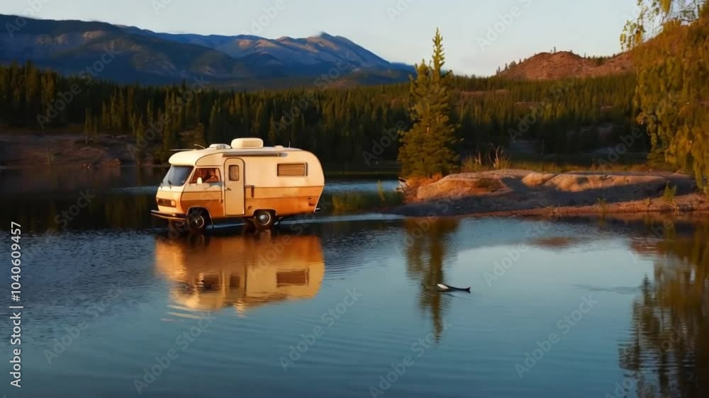 A Camper by a Tranquil Lake in the Mountains at Sunset A Camper by a Tranquil Lake in the Mountains at Sunset