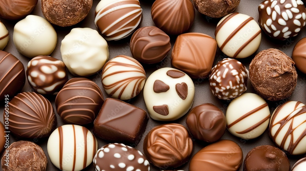 A variety of handmade sweets made of white and dark chocolate are laid out on the table. Candy. Illustration for banner, poster, cover, brochure or presentation. A variety of handmade sweets made of white and dark chocolate are laid out on the table. Candy. Illustration for banner, poster, cover, brochure or presentation.