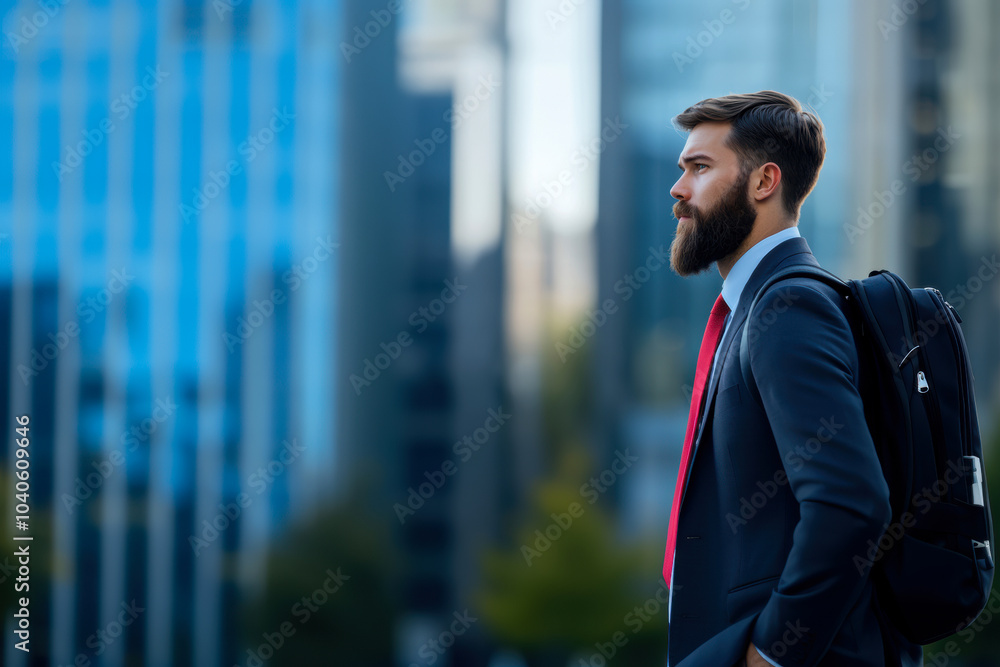 Fototapeta premium Banner with young bearded man in business suit with backpack on his back walking through city business center to business meeting