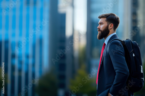 Banner with young bearded man in business suit with backpack on his back walking through city business center to business meeting