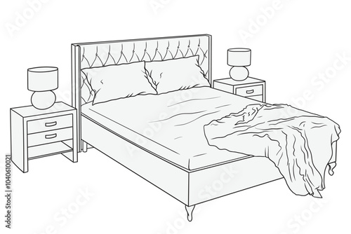 Large double bed with blanket and pillows isolated on white background. Furniture item for home and hotel