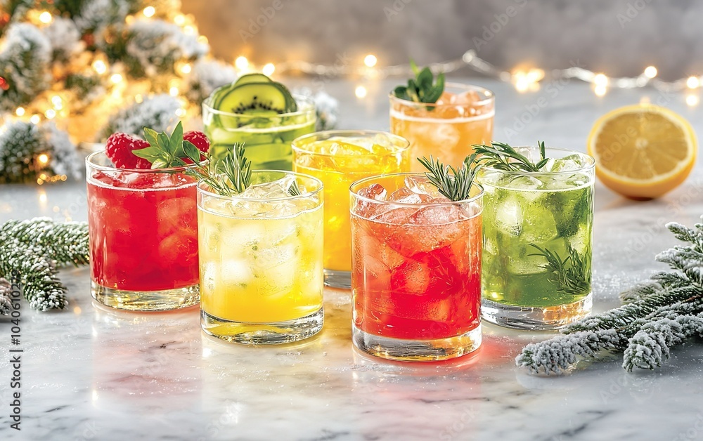Fototapeta premium Colorful cocktails arranged on a marble surface with festive decorations, garnished with fresh fruits and herbs for a holiday gathering