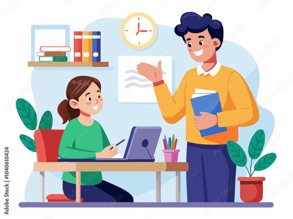 A student interacts with a teacher in a bright classroom setting while using a laptop and discussing lessons A student interacts with a teacher in a bright classroom setting while using a laptop and discussing lessons