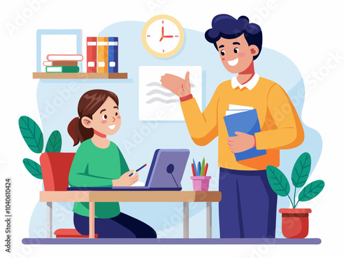 A student interacts with a teacher in a bright classroom setting while using a laptop and discussing lessons