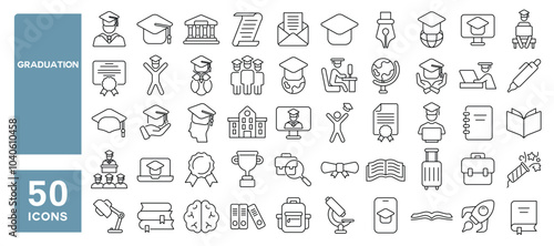 Set of 50 line icons related to graduation, cap, diploma, certificate, degree, university, institute, academy, qualification, scholarship, Editable stroke. Vector illustration