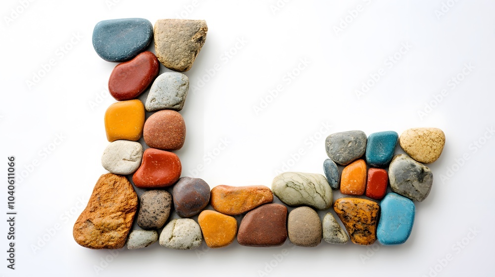 64. A letter L made of colorful pebbles, arranged creatively on a white background 64. A letter L made of colorful pebbles, arranged creatively on a white background