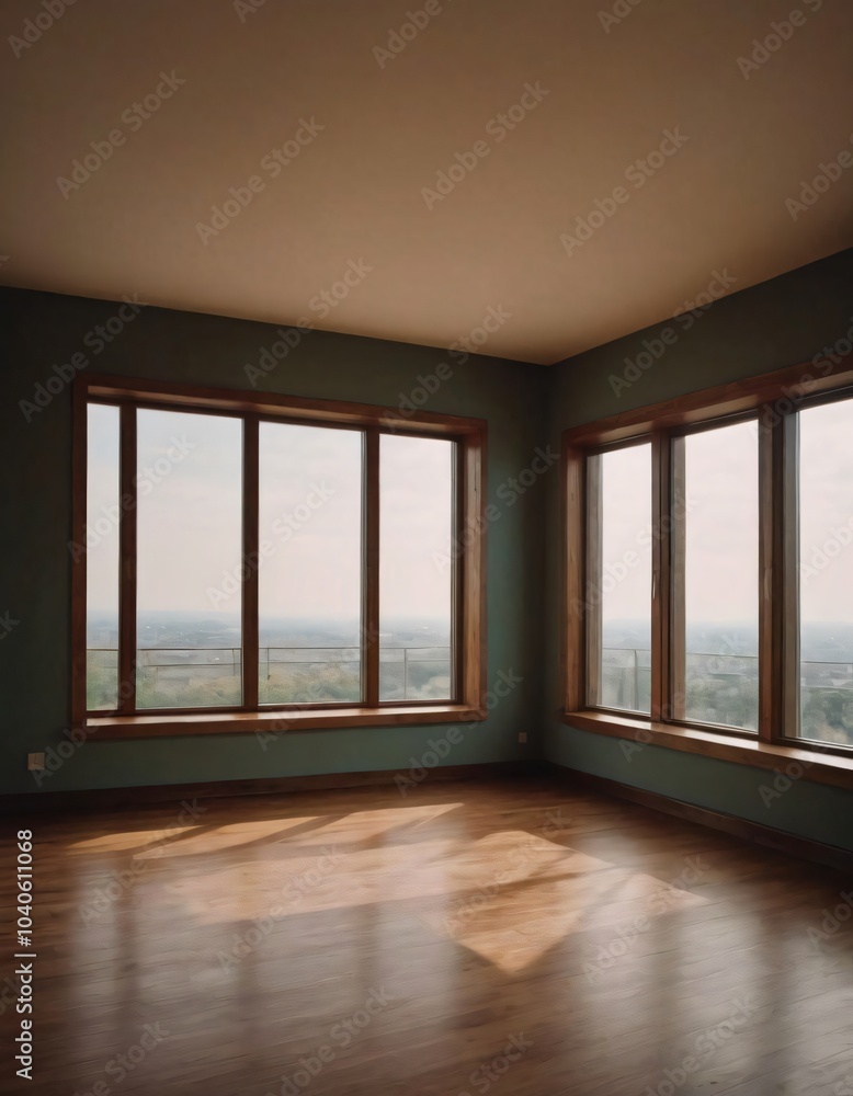 Obraz premium A large empty room with wooden parquet floors and a window letting in natural light
