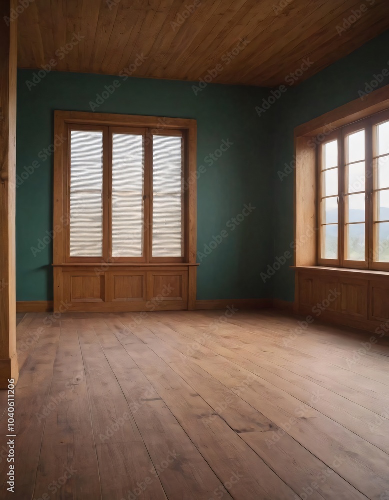 Obraz premium A large empty room with wooden parquet floors and a window letting in natural light