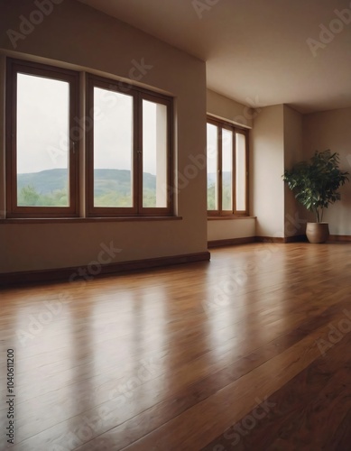 A large empty room with wooden parquet floors and a window letting in natural light