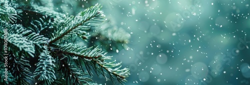 Snow-laden fir branches in a festive banner, offering a natural blurred backdrop with clear copyspace for holiday messages.