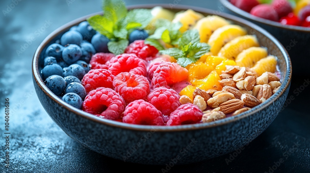 A colorful smoothie bowl topped with fresh fruit, nuts and mint leaves. A colorful smoothie bowl topped with fresh fruit, nuts and mint leaves.