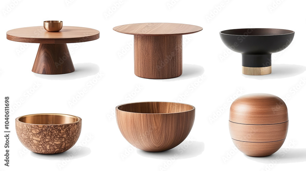 Wooden Round Tables and Bowls Set on Clear Background Generative AI Wooden Round Tables and Bowls Set on Clear Background Generative AI