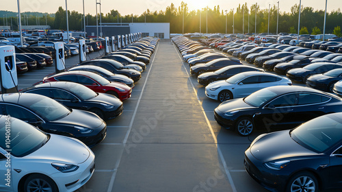 rows of used cars in outdoor dealership lot transitioning to electric vehicles section photo