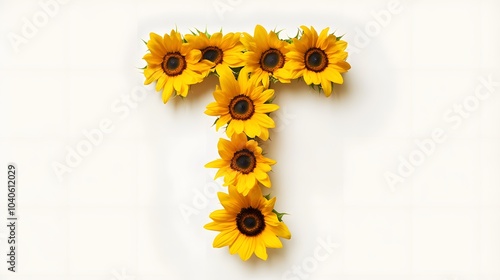 72. A letter T designed from beautiful sunflowers, arranged gracefully on a white background photo