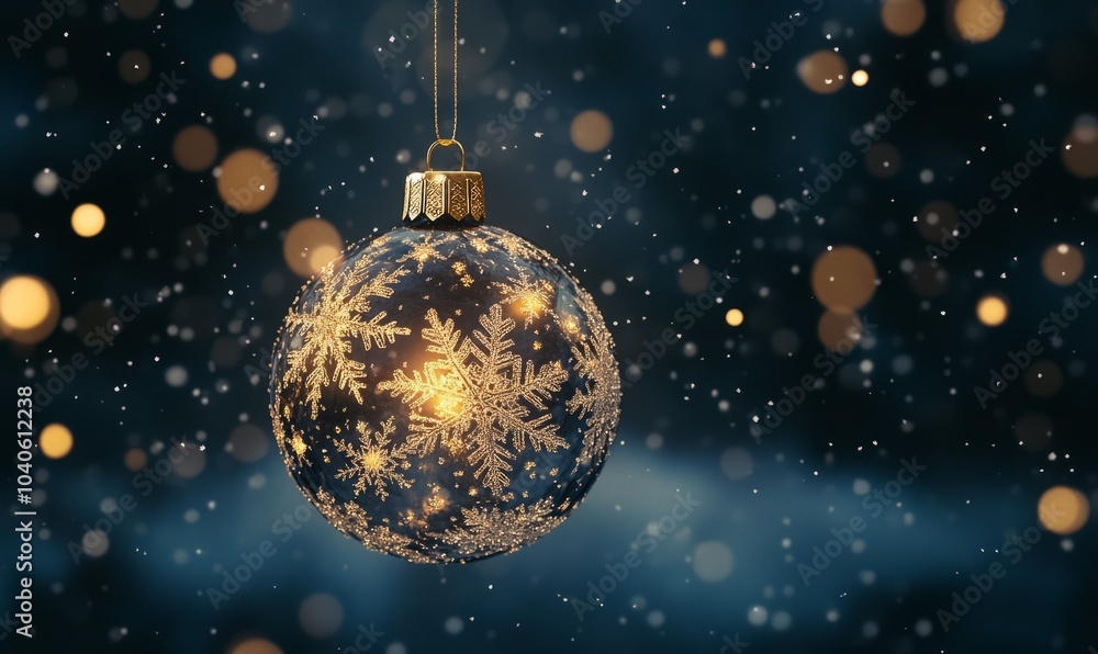 A glowing Christmas ornament made of intricate snowflakes and golden lights, suspended in the air against a dark, snowy winter night A glowing Christmas ornament made of intricate snowflakes and golden lights, suspended in the air against a dark, snowy winter night