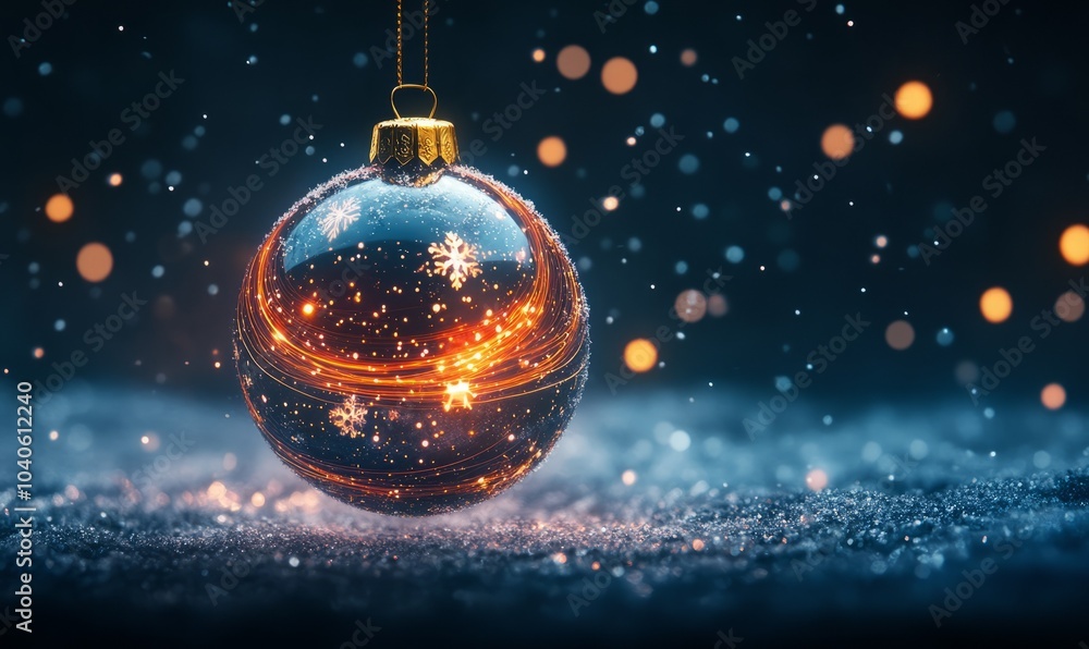 A glowing Christmas bauble made of swirling light trails and sparkling snowflakes, hanging in the air against a dark, snowy backdrop A glowing Christmas bauble made of swirling light trails and sparkling snowflakes, hanging in the air against a dark, snowy backdrop