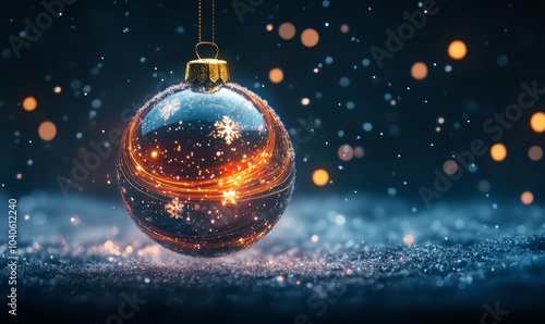 A glowing Christmas bauble made of swirling light trails and sparkling snowflakes, hanging in the air against a dark, snowy backdrop