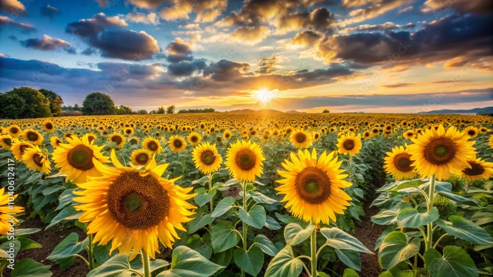 Fototapeta premium field of yellow sunflowers. Flowering meadow on summer landscape