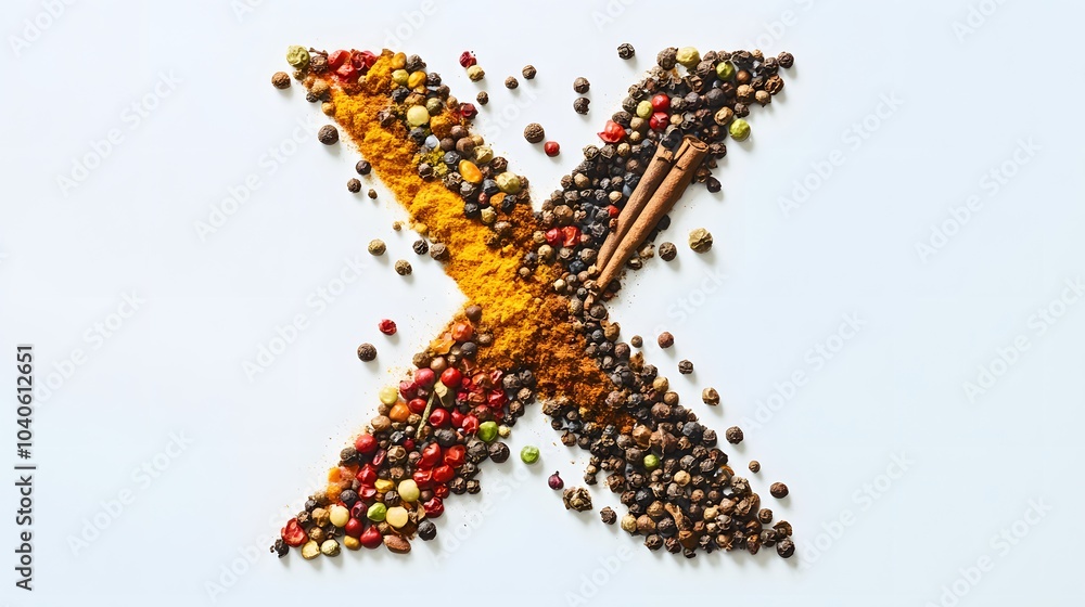 76. A letter X designed from an array of spices, creating a colorful pattern on a white background 76. A letter X designed from an array of spices, creating a colorful pattern on a white background