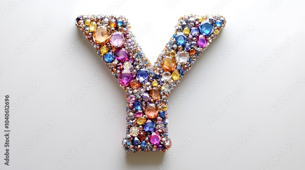 77. A letter Y made from sparkling gemstones, reflecting light on a white background 77. A letter Y made from sparkling gemstones, reflecting light on a white background