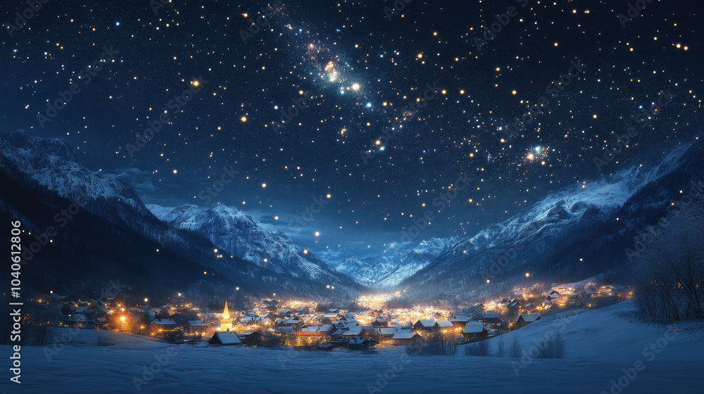 A starry night over a peaceful mountain village nestled in the valley below A starry night over a peaceful mountain village nestled in the valley below