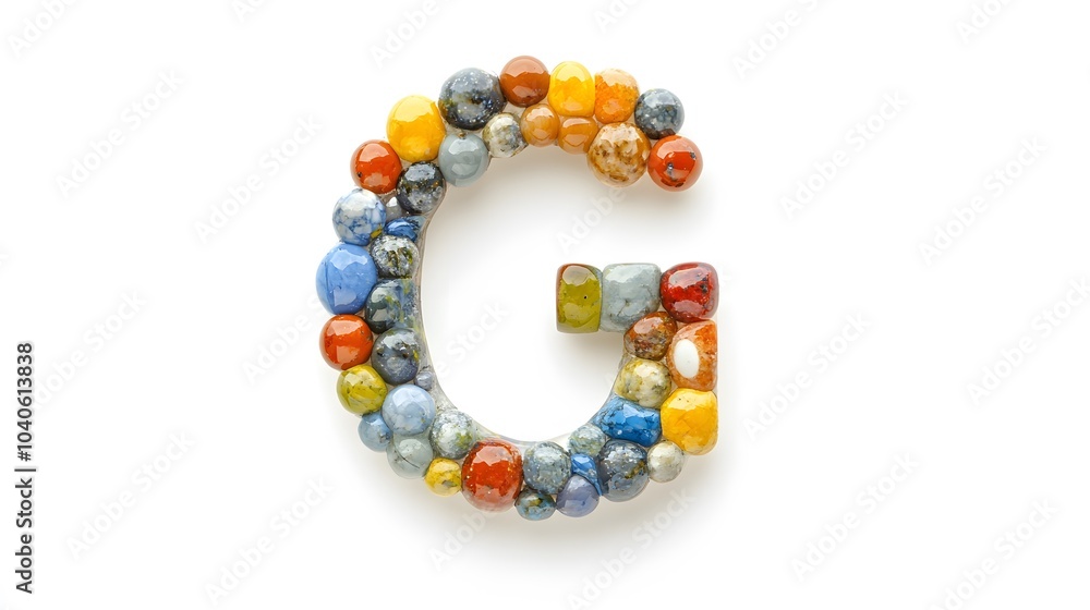 letter G crafted from a collection of colorful marbles, showcased on a white background letter G crafted from a collection of colorful marbles, showcased on a white background