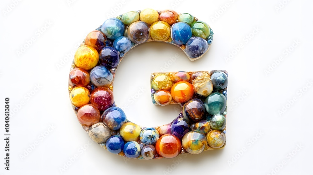 letter G crafted from a collection of colorful marbles, showcased on a white background letter G crafted from a collection of colorful marbles, showcased on a white background