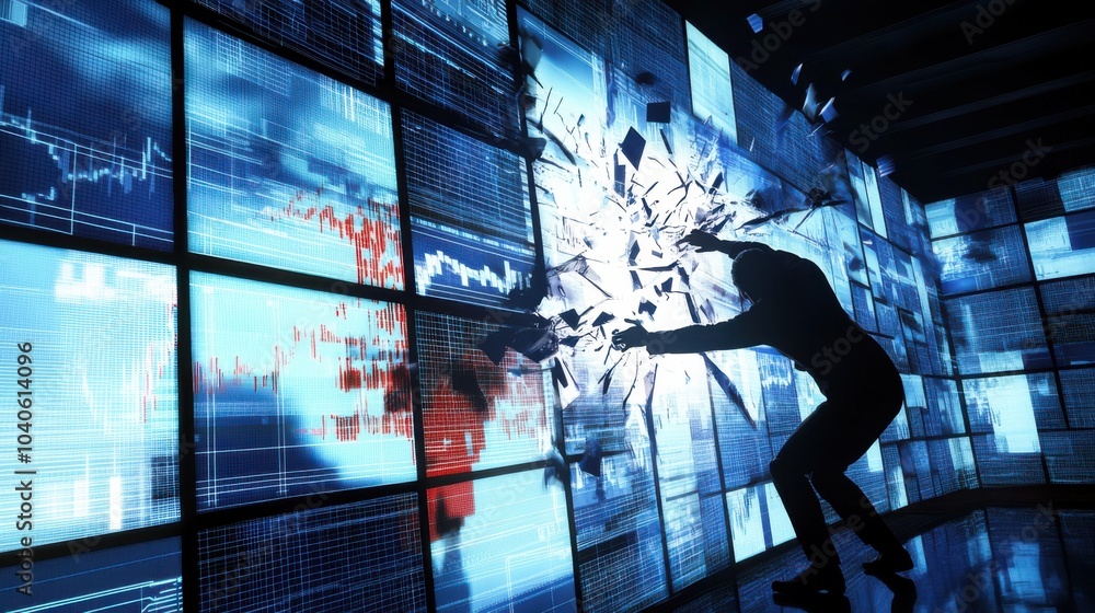 A powerful scene of a person breaking through a wall of screens displaying financial graphs, representing the struggle to overcome economic pressures, High-tech environment A powerful scene of a person breaking through a wall of screens displaying financial graphs, representing the struggle to overcome economic pressures, High-tech environment