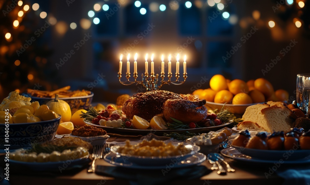Hanukkah table with traditional foods and menorah Hanukkah table with traditional foods and menorah