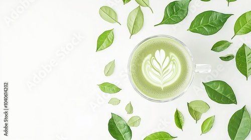 Wallpaper Mural Green tea latte with delicate leaf design surrounded by fresh green leaves on a white background Torontodigital.ca
