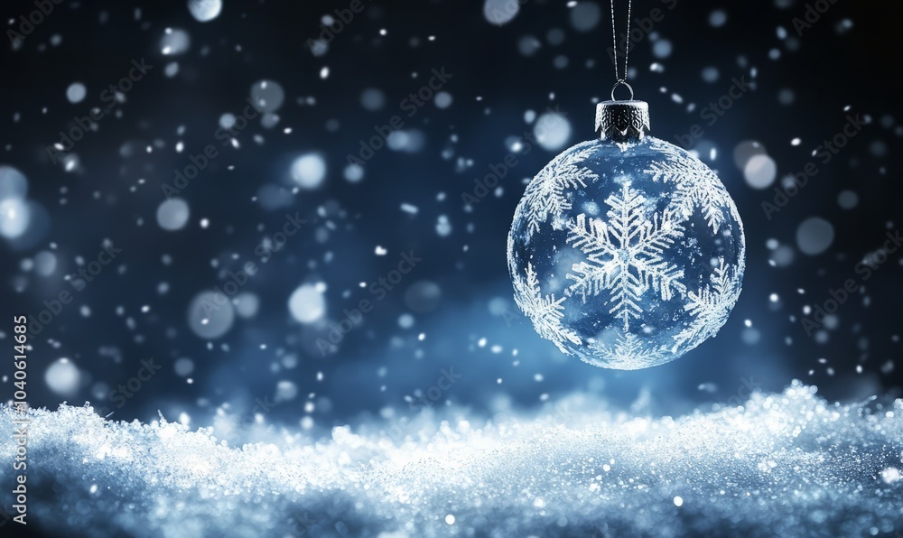 A glowing Christmas ornament made of delicate crystal snowflakes, suspended in the air against a dark winter sky with softly falling snow. A glowing Christmas ornament made of delicate crystal snowflakes, suspended in the air against a dark winter sky with softly falling snow.