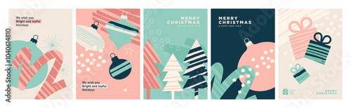 Christmas and New Year Cards Collection. Modern pastel vector illustrations for greeting card, party invitation card, website banner, social media banner, marketing material.
