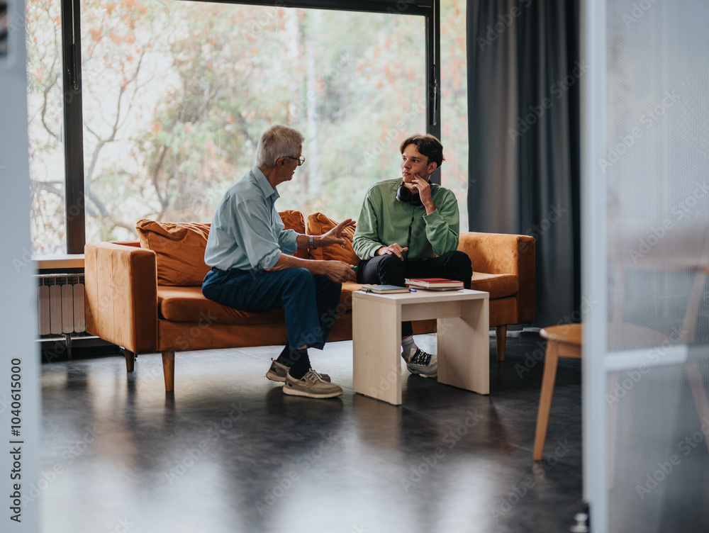 An older and younger man sitting on a sofa having an engaging conversation in a modern interior setting. The scene conveys a sense of mentorship and sharing ideas. An older and younger man sitting on a sofa having an engaging conversation in a modern interior setting. The scene conveys a sense of mentorship and sharing ideas.