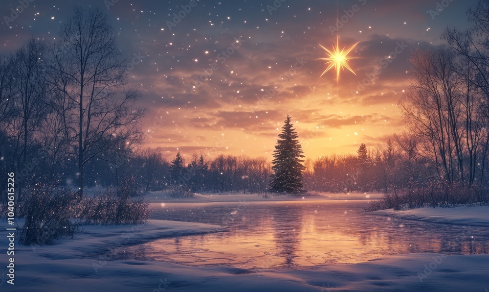 A glowing Christmas star hanging in the sky above a quiet, snow-covered landscape, casting reflections on the ice and illuminating the trees.