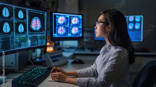 A researcher conducting experiments in a neuroscience lab with advanced brain imaging technology, Neuroscience research scene, Scientific style