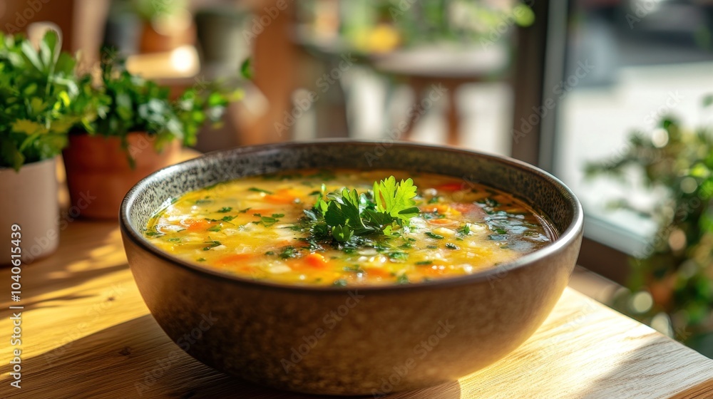 A bowl of vibrant soup garnished with fresh herbs. A bowl of vibrant soup garnished with fresh herbs.
