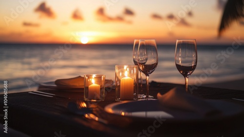 A romantic candlelit dinner on a secluded beach with a view of the sunset, symbolizing love and intimacy in a picturesque setting, Dinner scene photo