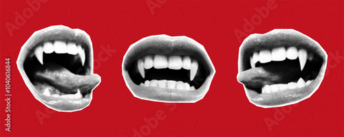 Vampire mouths with different emotions cut out of paper, halftone collage style stickers. Sharp fangs, creepy mixed media design, creepy halloween.