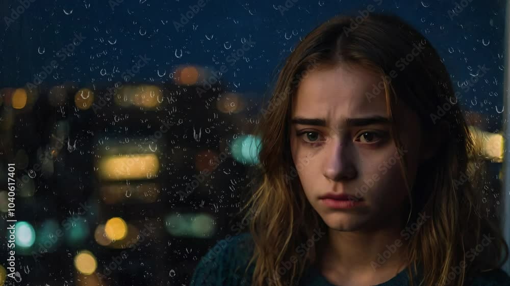 young attractive woman is sitting by the window. it is raining outside the window. large drops glide across the glass. outside the window the night and the lights of the city , video looping young attractive woman is sitting by the window. it is raining outside the window. large drops glide across the glass. outside the window the night and the lights of the city , video looping