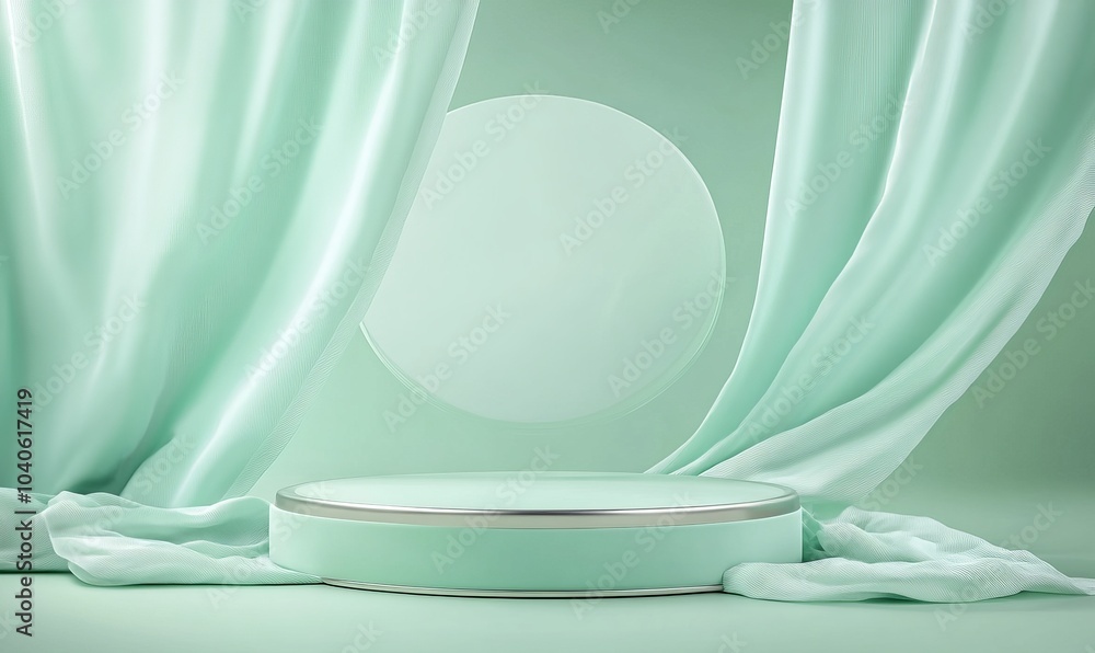 3D display podium, green background with round frame pedestal and flying silk cloth curtain. Nature wind. Beauty, cosmetic product presentation stand. 3D display podium, green background with round frame pedestal and flying silk cloth curtain. Nature wind. Beauty, cosmetic product presentation stand.