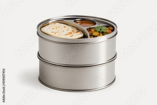 Delicious Indian meal in a stainless steel tiffin on a white isolated background.