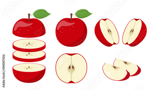 Fresh red apple fruits icons. Whole and cut apples, pieces and slices. Organic fruits for juice, smoothie or vitamin C healthy food. Vector illustration isolated on white background.