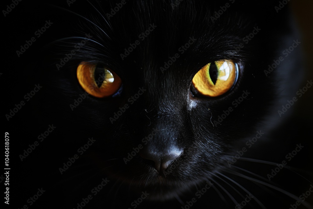 A close-up of a black cat's striking golden eyes in soft shadows, capturing a moment of intense focus A close-up of a black cat's striking golden eyes in soft shadows, capturing a moment of intense focus