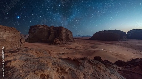 Aerial view of a desert landscape under a blanket of stars