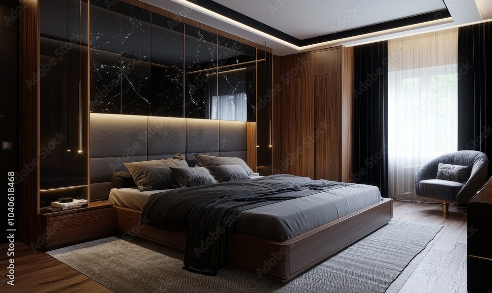 Modern bedroom furniture. wooden wardrobe with black marble doors Modern bedroom furniture. wooden wardrobe with black marble doors