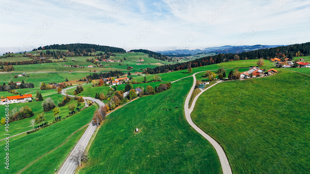 Aerial View of Bavarian Countryside with Green Fields and Rolling Hills in Autumn Aerial View of Bavarian Countryside with Green Fields and Rolling Hills in Autumn