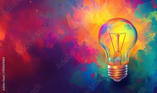 Glowing light bulb with colorful idea banner and copy space, creative thinking