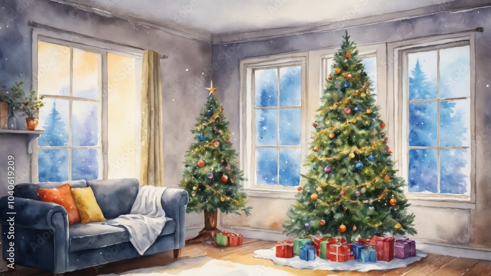 Cozy holiday living room with beautifully decorated Christmas trees and snowy window view Cozy holiday living room with beautifully decorated Christmas trees and snowy window view